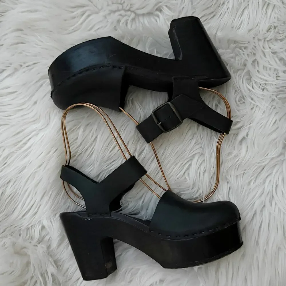 NO. 6 | Solid Black Platform Jane Clog Mary Jane Clogs Heels |‎ Size 39